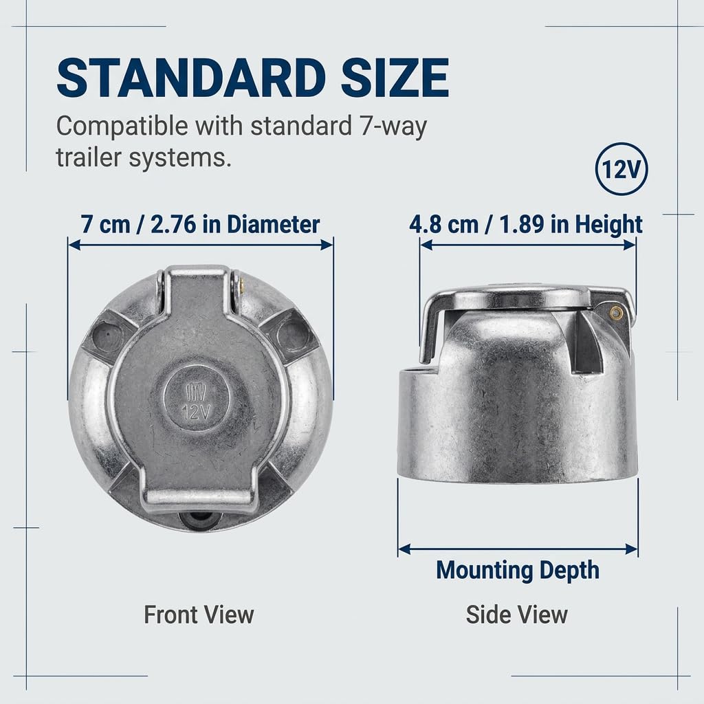 7 Pin Trailer Socket Metal with Rubber Gasket 12V Waterproof 7 Pin Trailer Metal Socket Connector Aluminium Trailer Female 7Pole for Truck RV Cars Boat Caravan Towbar Towing Light (Aluminium Alloy) — view 2