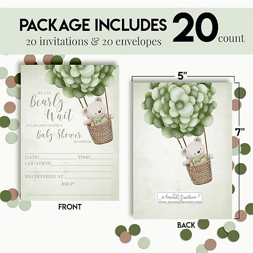 Miniatura 4 de Amanda Creation Lindo globo de oso de peluche, invitaciones para baby shower, 20 tarjetas de relleno de 5 x 7 pulgadas con veinte sobres blancos
