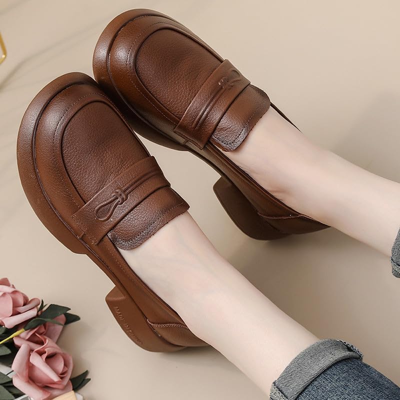 Image of Women's Penny Loafers Low Chunky Heel Brown Leather Dress Shoes for Work US Size 7.5-8