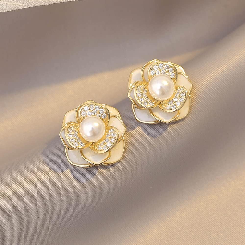 MIKAMU Elegant Pearl Flower StudEarrings for Women 14K Gold CZ cubic zirconia Gold Plated Pearl Earring for Women Jewelry - Image 5