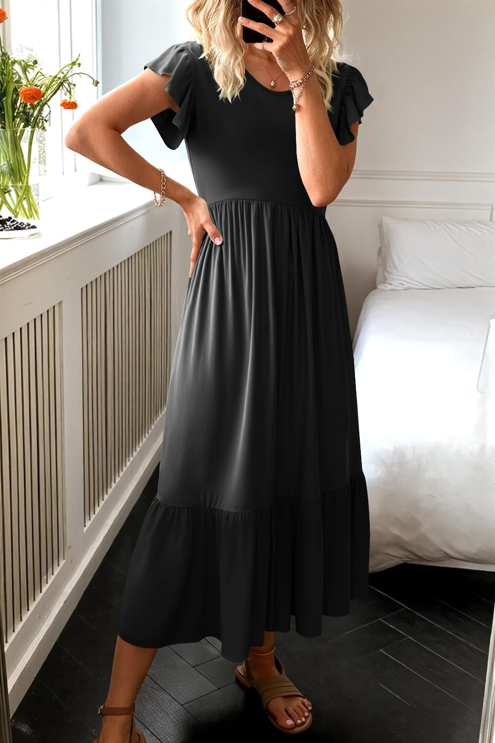 Women Summer Dresses 2026 Trendy Ruffle Sleeve V Neck Tiered Flowy A Line Casual Loose Beach Midi Dress with Pocket - Image 6