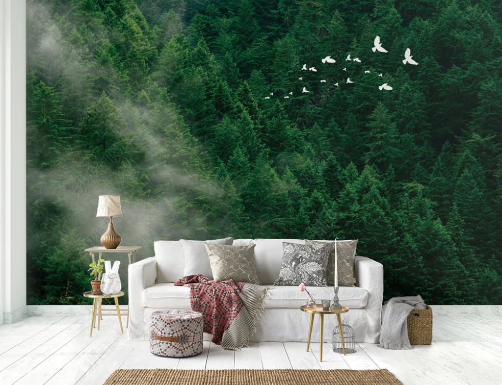 Papier peint intissé brumeux motif forêt de pins et oiseaux au design artistique haut de gamme