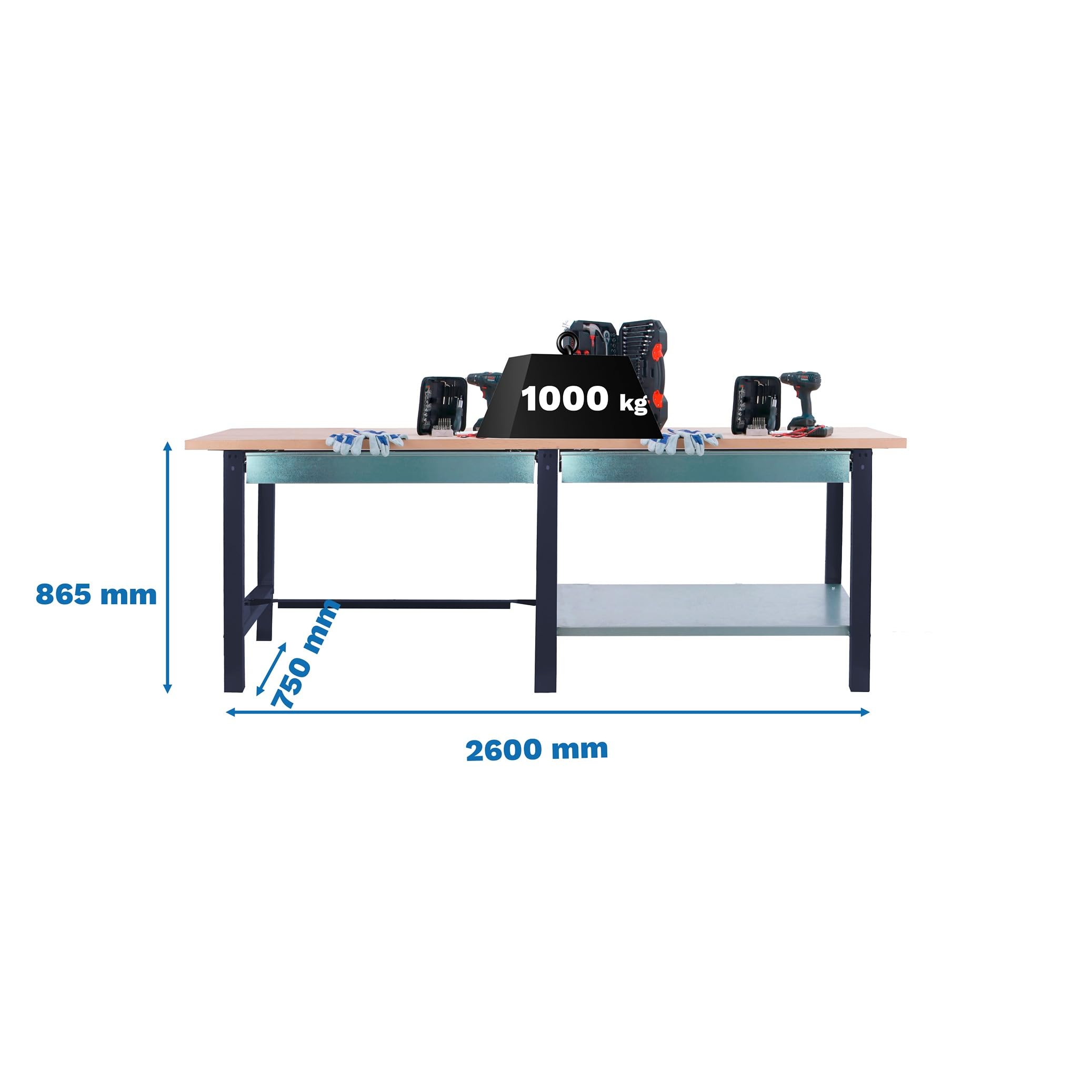 SimonRack Banco de Trabajo Taller Doble, Capacidad Carga 1000 kg, 865x2600x750 mm, 2 Cajones, Mesa de Trabajo, Antracita/Haya - BT6 PRO