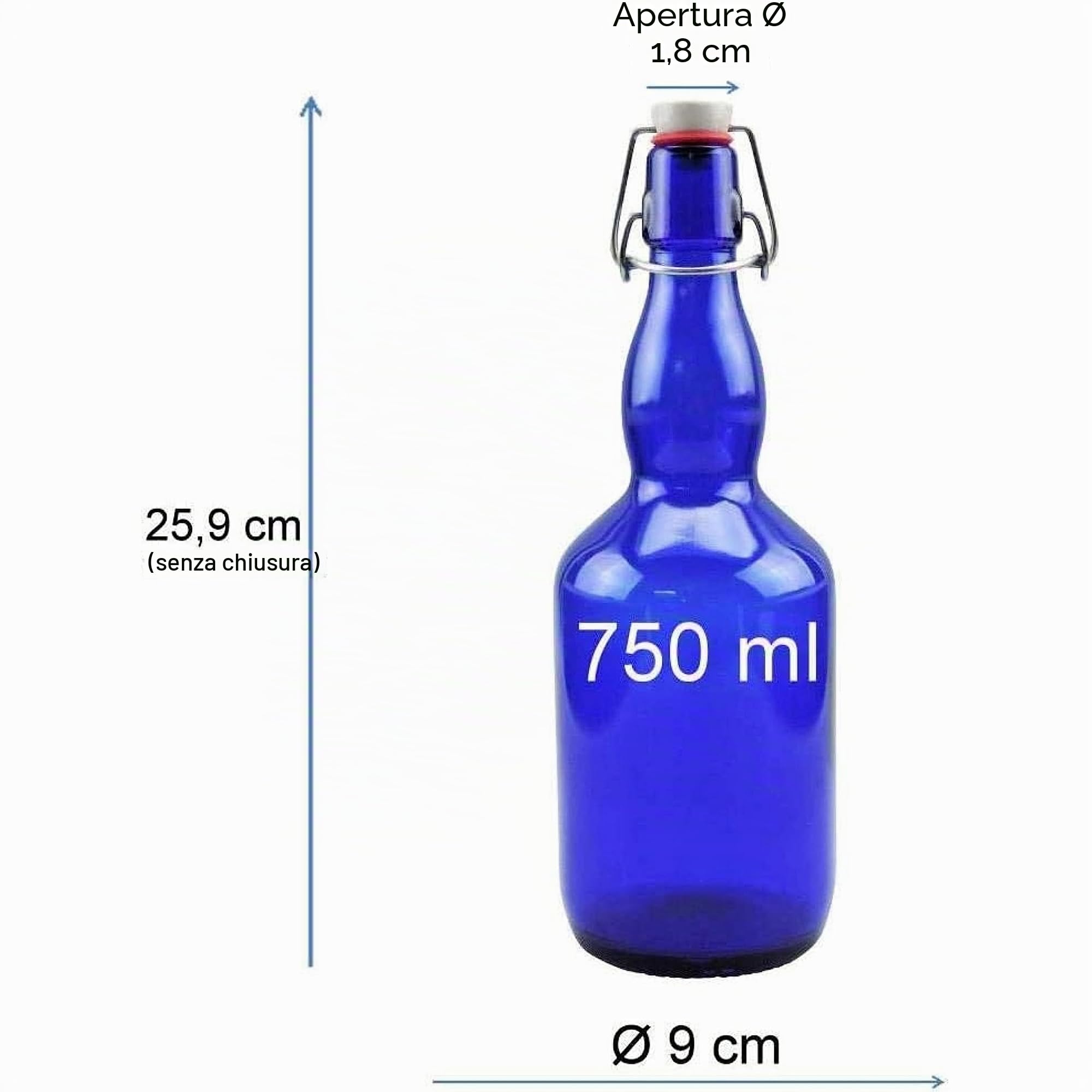 mikken 6 bottiglie di vetro blu da 0,75 litri con chiusura a leva, in porcellana, con etichette di rivestimento