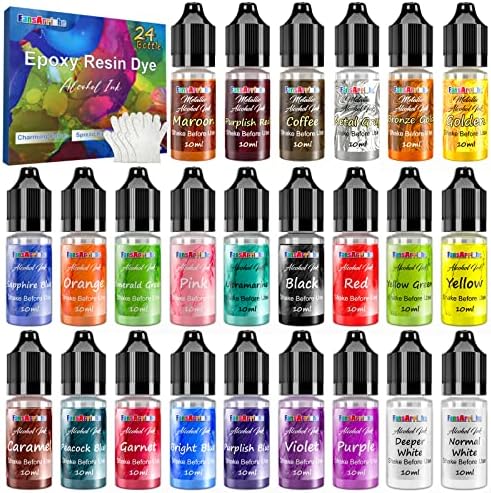 Alcohol Ink Set - 24 Vivid Colors, Concentrated Alcohol-Based Ink, Epoxy Resin Paint with Metallic Color Dye for Resin Coasters, Acrylic Painting, Tumbler Making,10ml Each