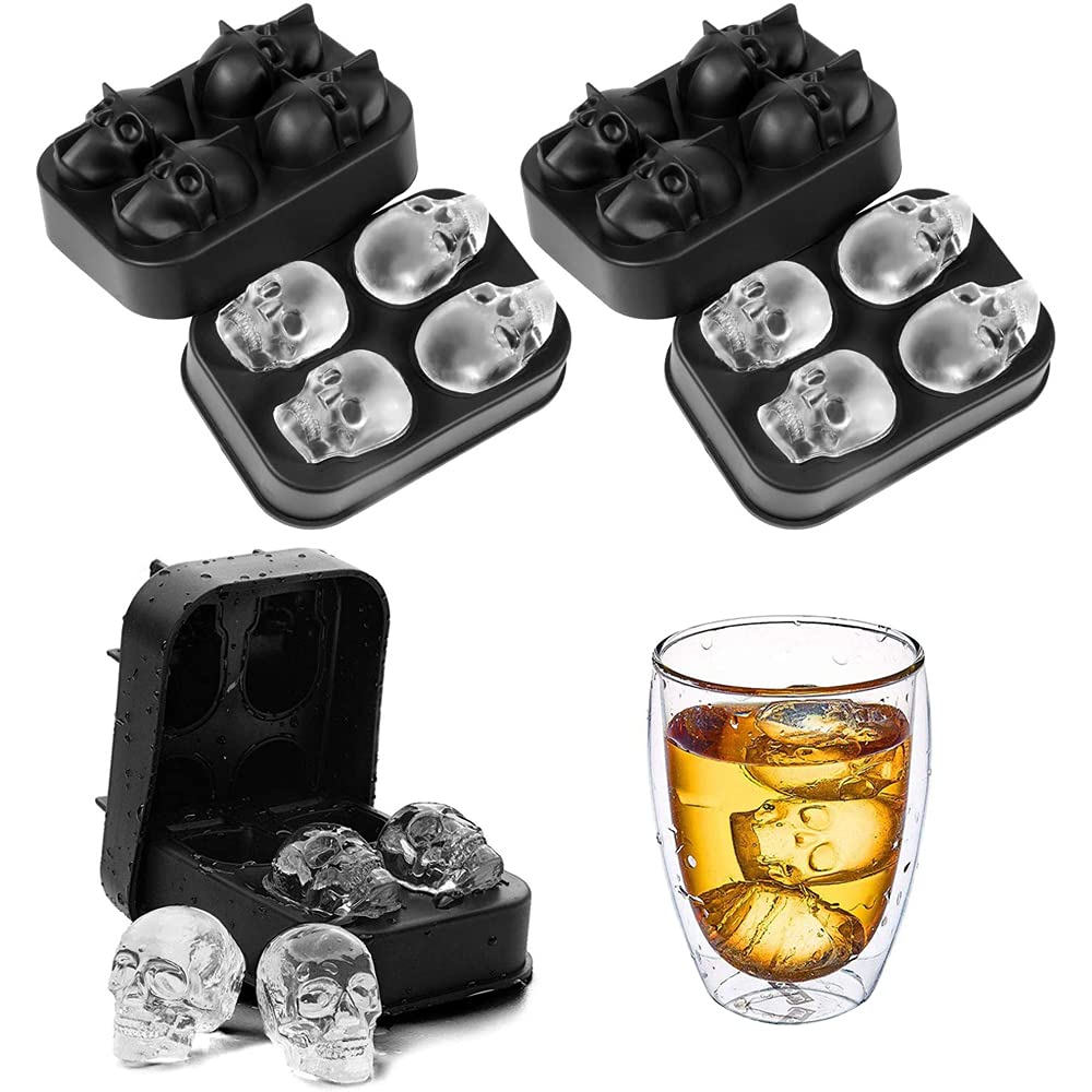 3 Pcs Skull Silicone Ice Cube Tray,3D Skull Ice Cube Moulds,Skull Shape Ice,Black Silicone Ice Maker,Can Make 12 Skull Ice Cubes, Suitable for Whiskey, Cocktails and Any Beverage