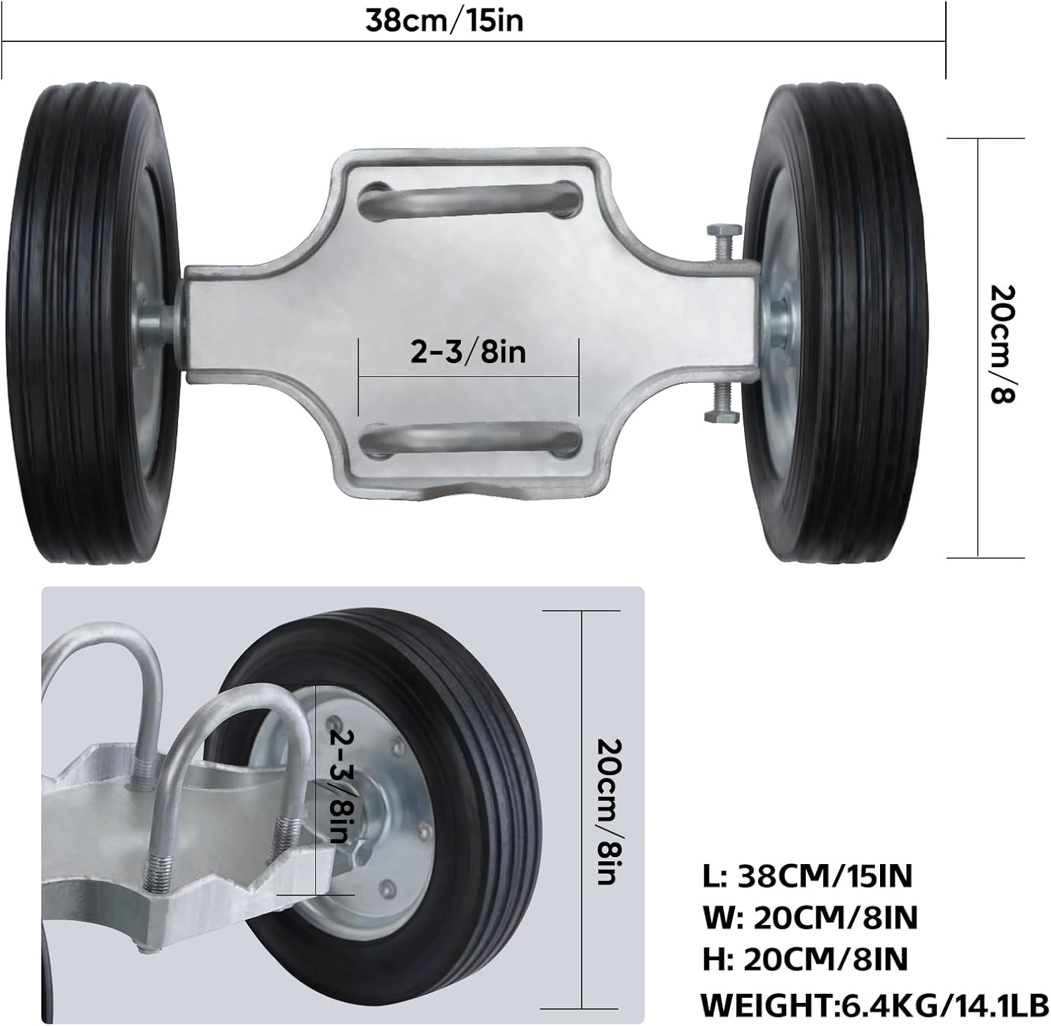 Heavy-Duty Steel Rolling Gate Wheel Carrier, 8" Rubber Wheels, Adjustable Steel U-Bolts, for Chain Link Gates or Metal Fence or Wooden Gate