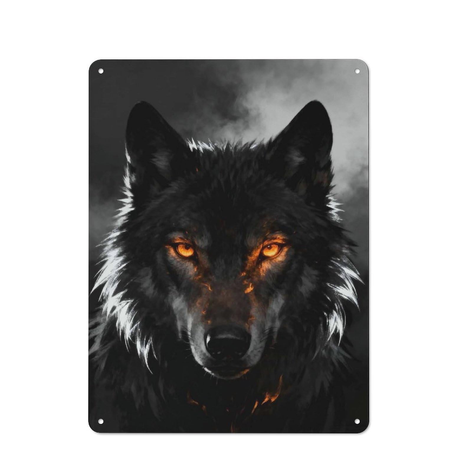 Junmoney Style-4 Garage Style Metal Wall Sign 40X30cm Featuring Fiery Eyed Wolf Portrait, Garage Wall Decor For Garage, Hobby Room, Office Or Man Cave