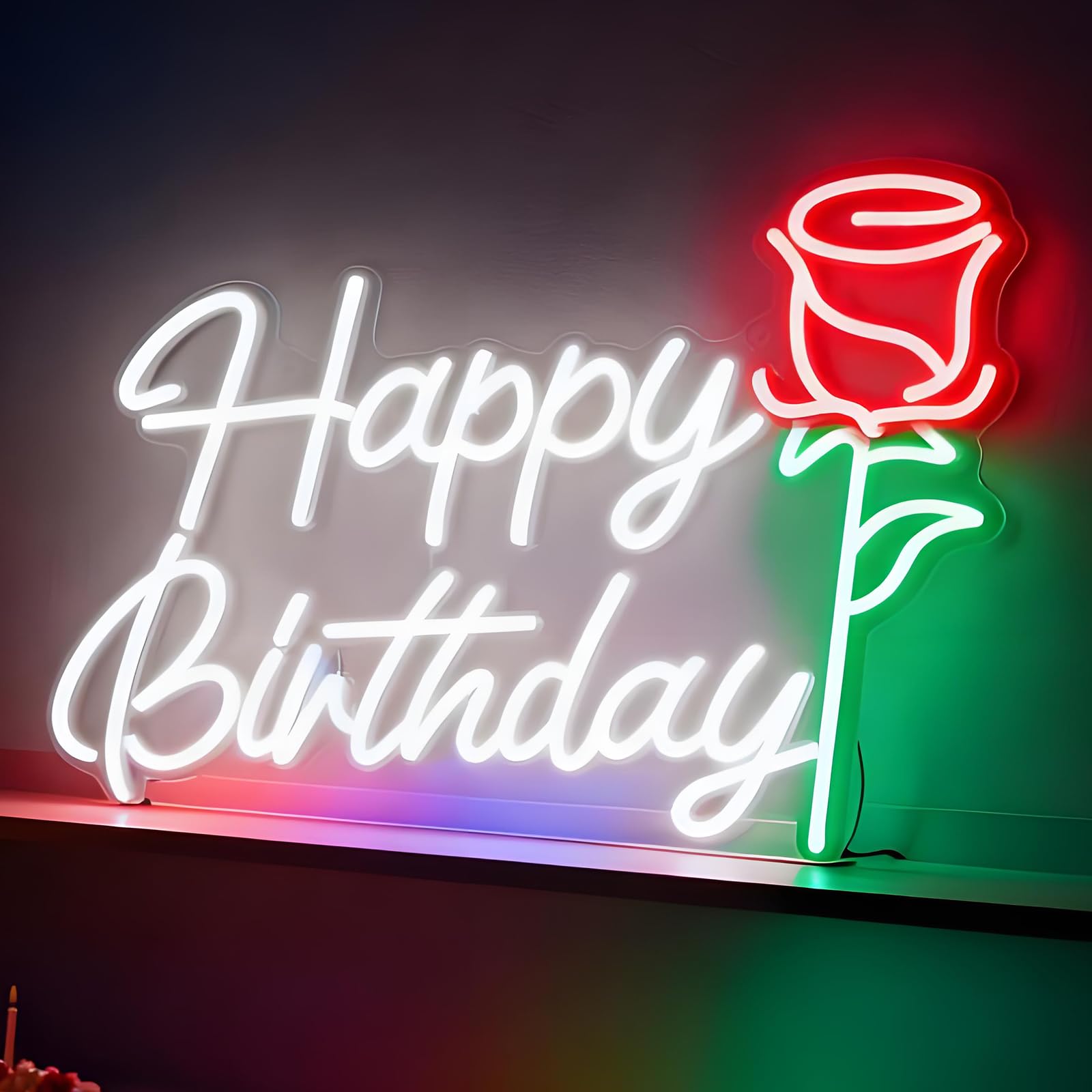 Happy Birthday Neon Sign With Rose Design, USB Powered Dimmable Decorative Neon Light, Women Men Birthday Party Decoration, Home Living Room Bedroom Celebration Event Wall Table Decor 16.1 x 11.4 In