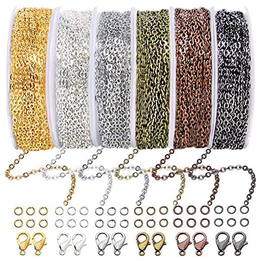 Jishi Chains Jewelry Making Supplies, 60ft Cable Link Chains for Making Jewelry Necklace Earring Bracelet Findings DIY Craft Kit for Adults, 6-Color 2mm Gold Silver Copper Plated Metal Link Rolls Bulk