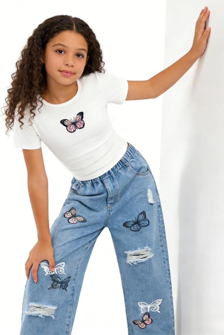 Azmxynol Tween Girl Clothes Short Sleeve Top + Butterfly Design Jeans 2 Pieces Spring Summer Outfit Set, Size 6-16 Years image 5