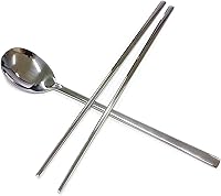 Vista 6 de Cubertería tradicional coreana de acero inoxidable cucharas y palillos juego de vajilla con mano larga, reutilizable (sin patrón)