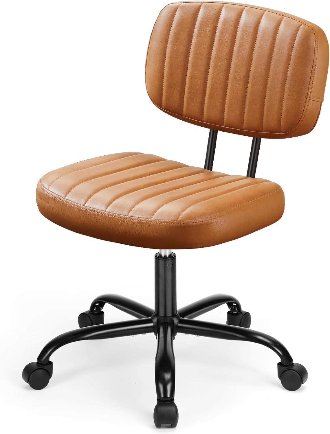 Armless Office Chair, Swivel Rolling PU Leather Vanity Chair with Back Lumbar Support Height Adjustable Computer Chair, Small Desk Chair for Home Office (Brown)