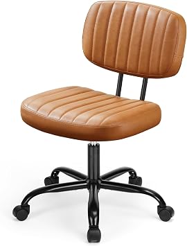 Armless Office Chair, Swivel Rolling PU Leather Vanity Chair with Back Lumbar Support Height Adjustable Computer Chair, Small Desk Chair for Home Office Brown