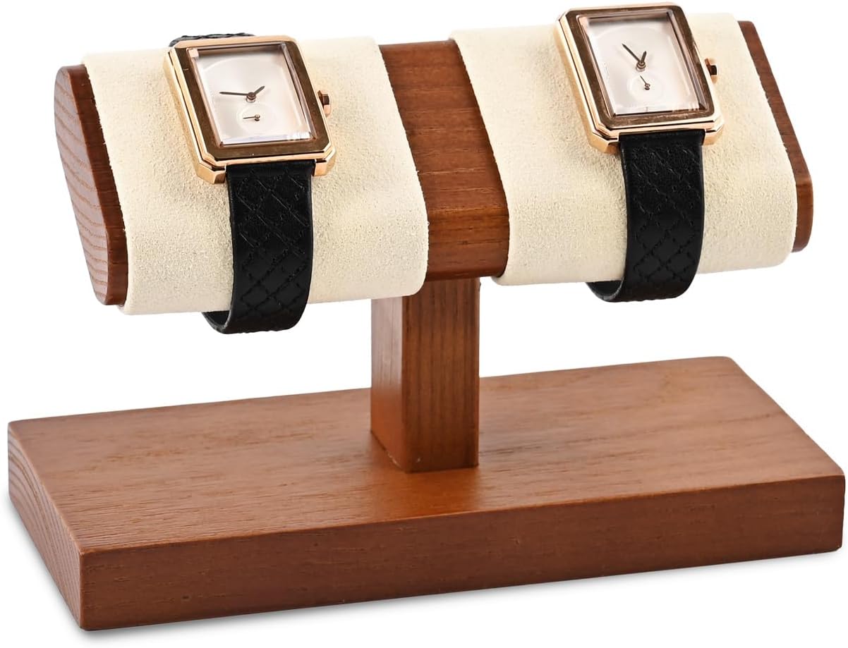 Solid Wood Watch Display Stand T-bar Microfiber Watch Stand Jewelry Holder For Men And Women Stand Organizer For Wristwatch/Bracelet/Storage Display Rack (Cream White)