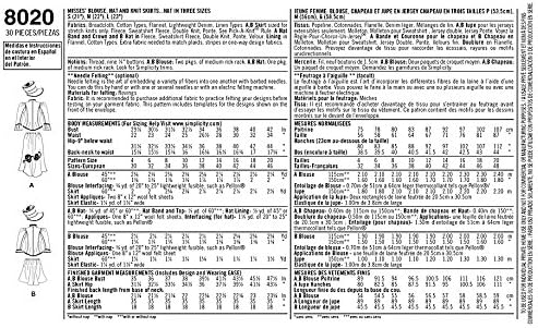 Detailed Simplicity 8020 pattern sheet with fabric requirements, body measurements, and sewing instructions.