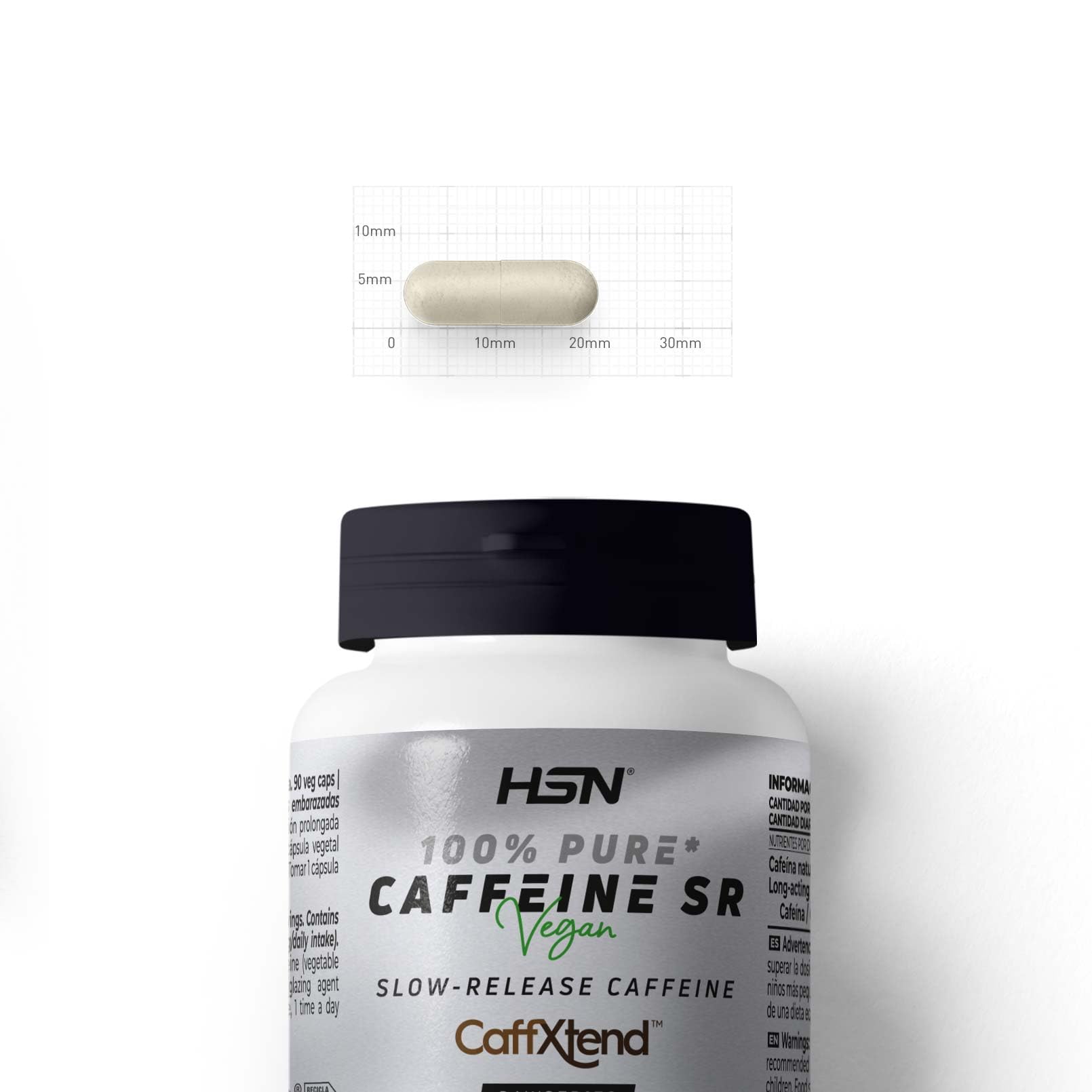 HSN Cafeína de Liberación Lenta CaffXtend® (200mg Pura Cafeína por Toma) | 90 Cápsulas de Efecto Duradero Hasta 12 Horas | SIN Aditivos | No-GMO, Vegano, Sin Gluten