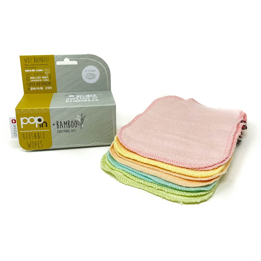 Close Paquete de recarga Pop-in con 10 toallitas reutilizables multicolor pastel | Perfecto para manos y cara del bebé, absorbente y suave