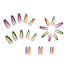 BABALAL Coffin Press on Nails Long Fake Nails Colorful Glue on Nails Matte Rhinestones 24Pcs Rainbow Acrylic Nails for Women and Girls