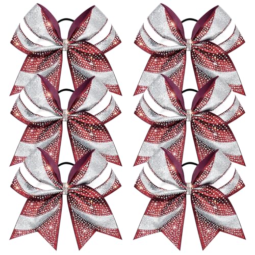 DEEKA 6 PCS Glitter Cheer Bows Rhinestone Large Stiff Competition Team Hair Bows Elastic Band Holder for Cheerleader Softball Football Girls (Maroon/Silver/White)