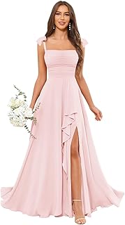 Chiffon Ruffle Bridesmaid Dresses 2025 with Slit Square Neck Bow Straps ...