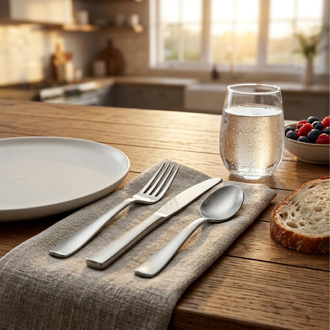 Liberty Tabletop 24 Piece American Industrial Flatware Set, 18/10 Stainless Steel, Silver, Brushed Finish, Service for 8, Made in USA