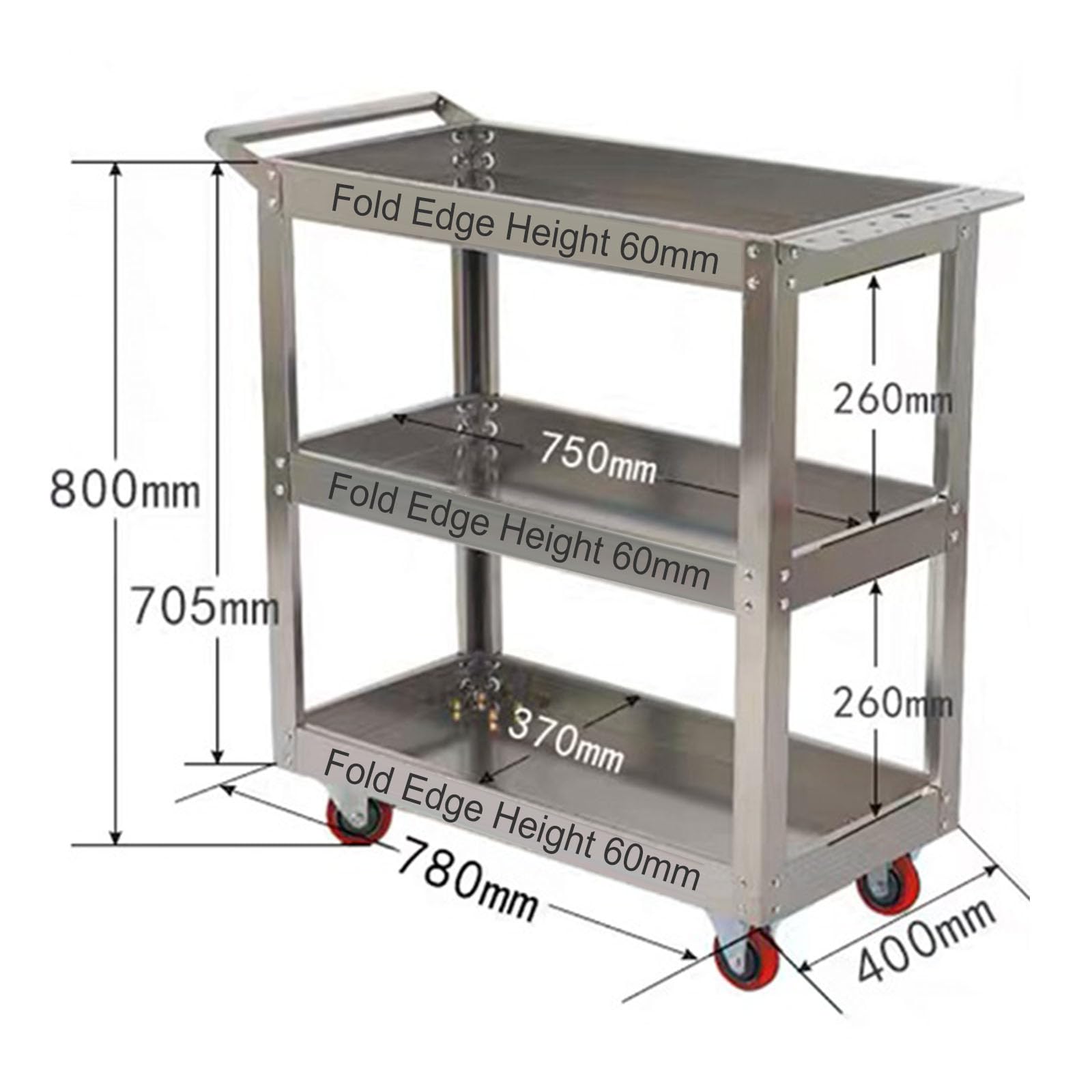 Carrito utilitario de acero inoxidable de 3 niveles, carrito de herramientas rodante resistente