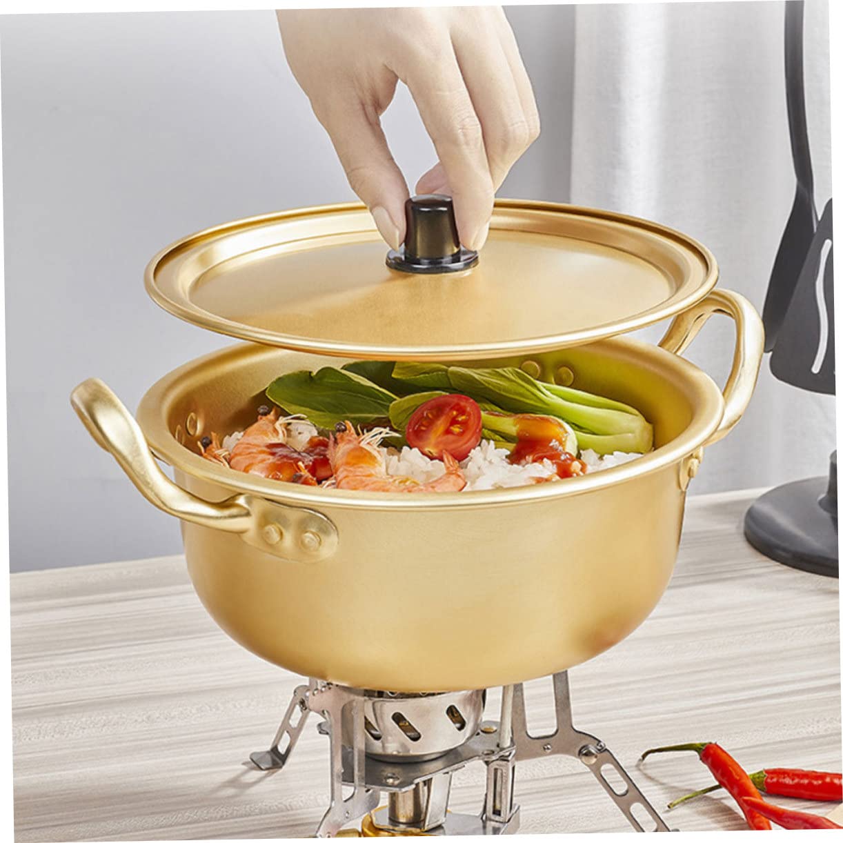 Olla De Aluminio Grueso Para Ramen Y Sopa Con Tapa - Sartén Pequeña De 24x22 Cm, Ideal Para Cocinar Fideos Rápidos