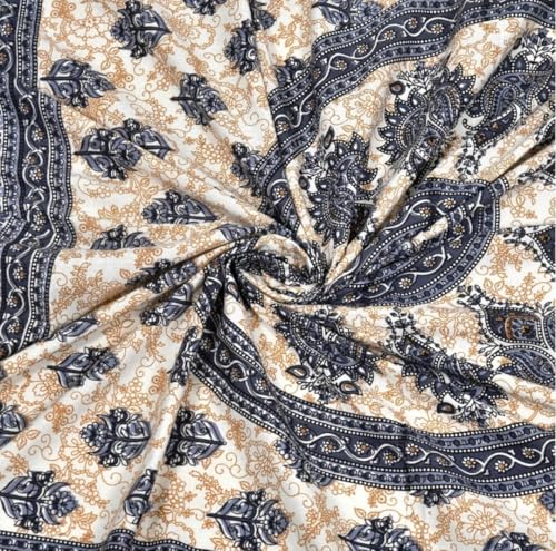 Image of Cotton Bedsheet with 2 Pillow Covers, Blue and Beige Paisley Print, Double Bed, Traditional Rajasthani Design, 235x215 cm, 3 Piece Set