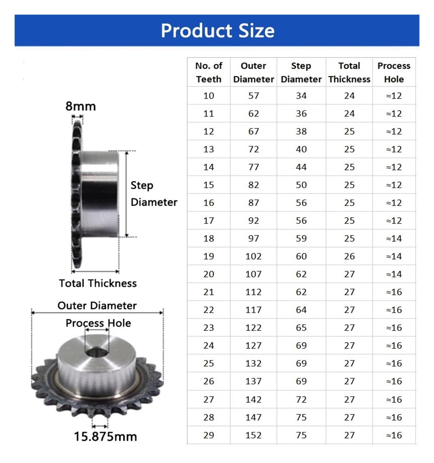 Bevel Gear Pinion Hardware Mechanical 1pc 10A 10Teeth to 25Teeth Sprocket Wheel Chain Gear Industrial A3 Steel Suitable for 10A Roller Chain Pitch 15.875mm(16 Teeth)