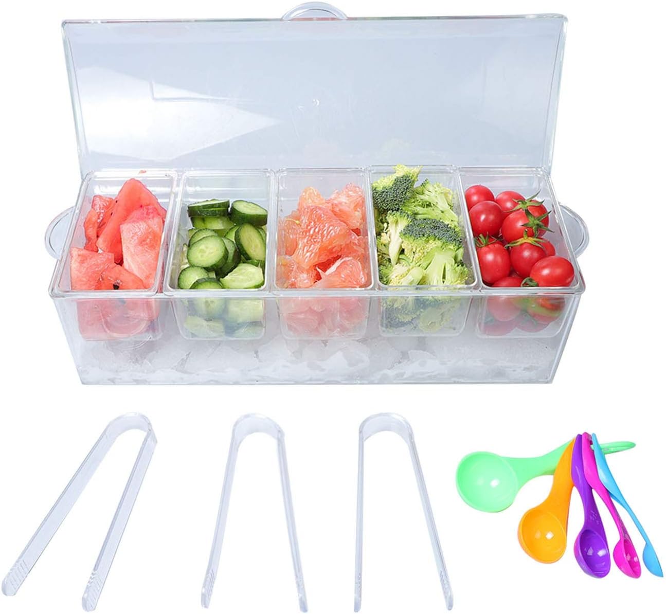 MorTime Ice Chilled Condiment Server with 5 Removable Compartments, Clear Sauce Caddy Serving Tray Container with Lid, 3 Serving Spoons & 3 Tongs Included