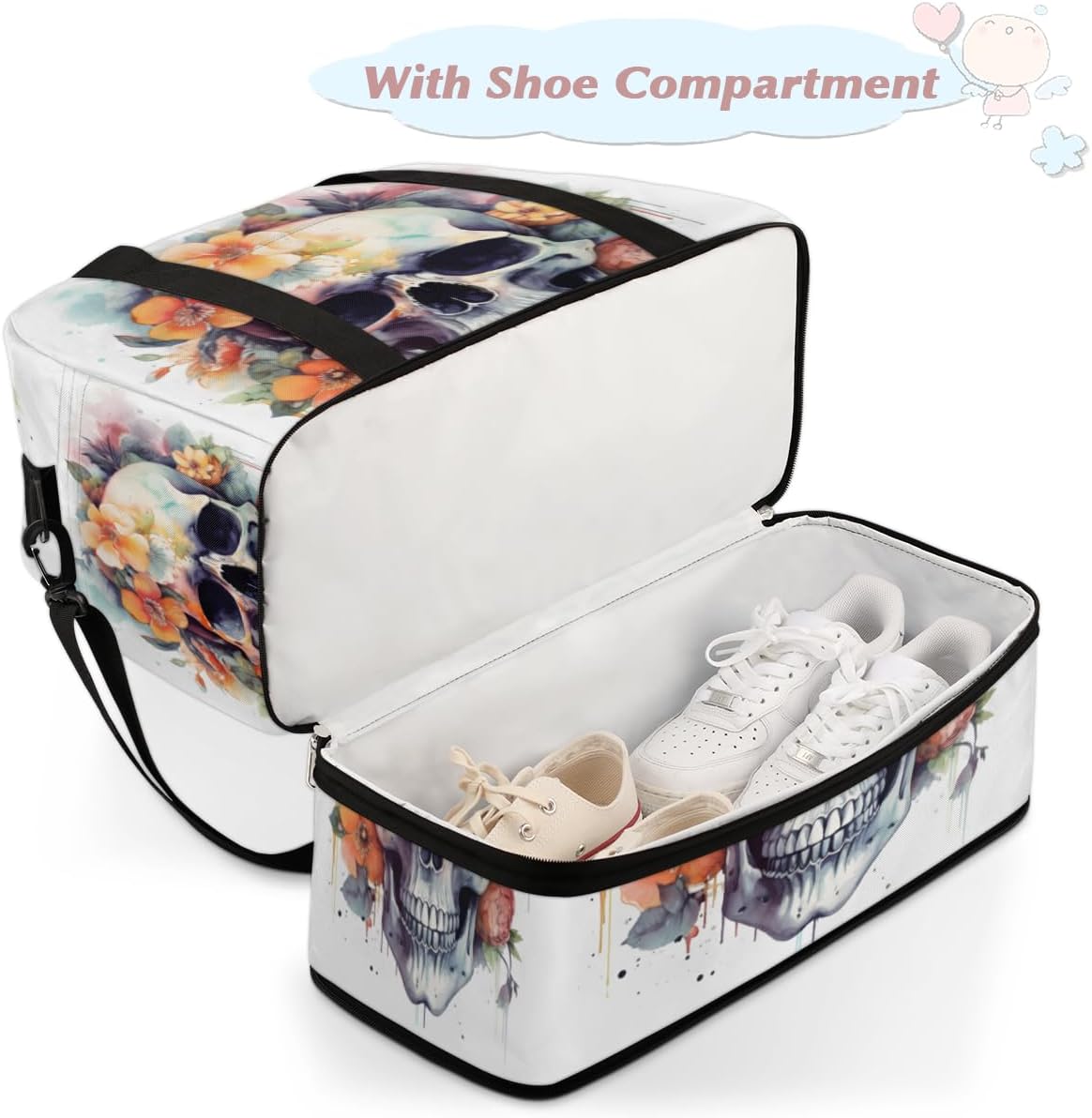 QsirBC Skull Decor Pattern Gym Bag for Women Duffle Tote with Shoes Compartment Men Weekender Duffel for Dance Travel Sports Swimming Overnight
