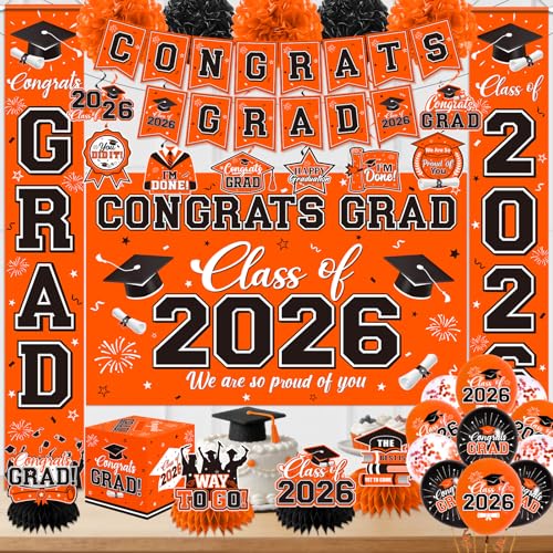 Graduation Decorations 2026 Orange Party Decor Set with Congrats Grad Banner, Class of 2026 Backdrop, Balloons, Box & Streamers Supplies for High School & College Celebrations by Gupesxu - Used condition - Image 2