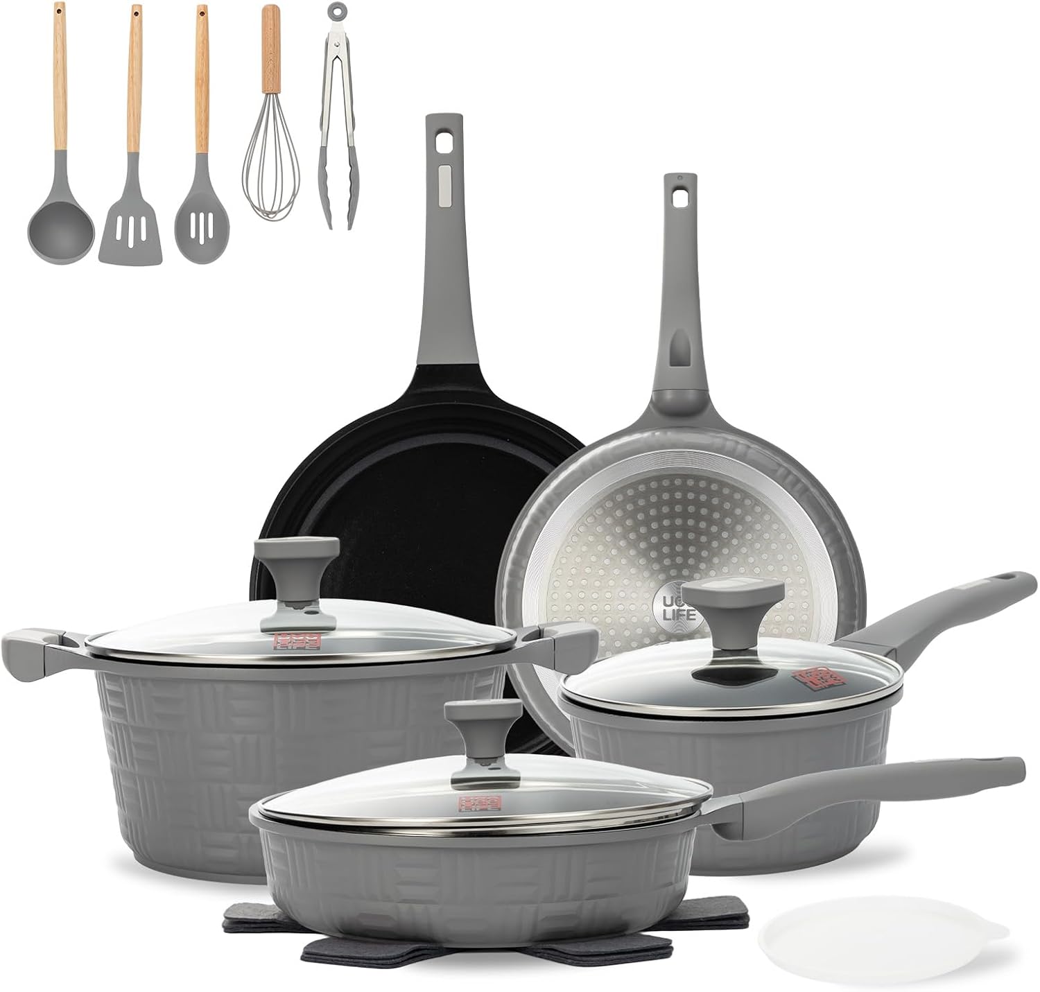 UCCLIFE 17-PCS Pots and Pans Set Non Stick, Induction Cookware Set, Non-toxic Kitchen Cooking Set, Frying Pan, Saucepan Stock Pot Kitchen Utensils Dishwasher Safe, Scratch-resistant (PFAS, PTEF Free) 17 PCS-Gray