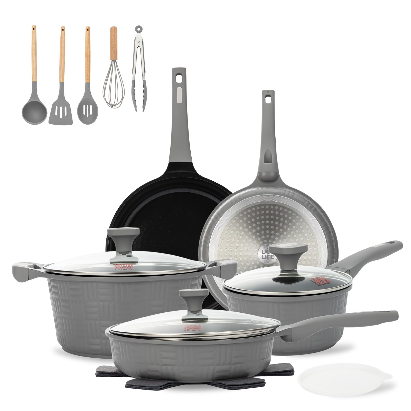 UCCLIFE 17-PCS Pots and Pans Set Non Stick, Induction Cookware Set, Non-toxic Kitchen Cooking Set, Frying Pan, Saucepan Stock Pot Kitchen Utensils Dishwasher Safe, Scratch-resistant (PFAS, PTEF Free) 17 PCS Cookware Set White