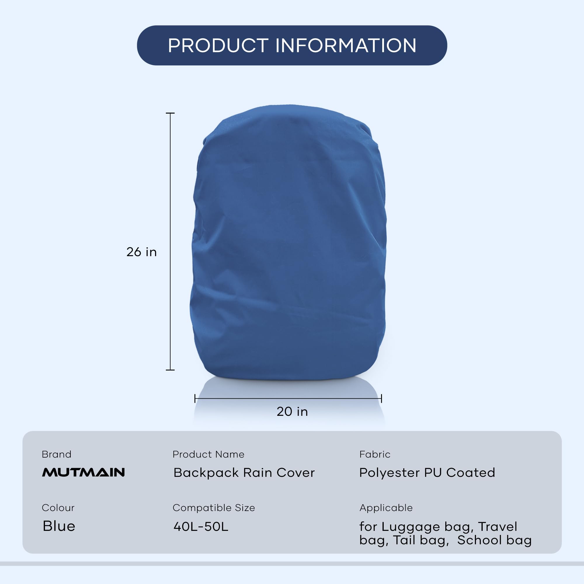 MUTMAIN Bag Cover Waterproof 40L to 50L PU Coated Rain Cover for Backpack Bags, Suitable Bags for Laptop, School, Tail, Trekking, Travel Bag with Adjustable Buckle (Royal Blue) 1