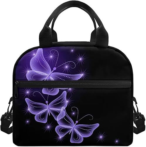 Lonchera aislada para mujer, con estampado de mariposas moradas, bolsa térmica reutilizable con correa ajustable para el hombro, contenedor de