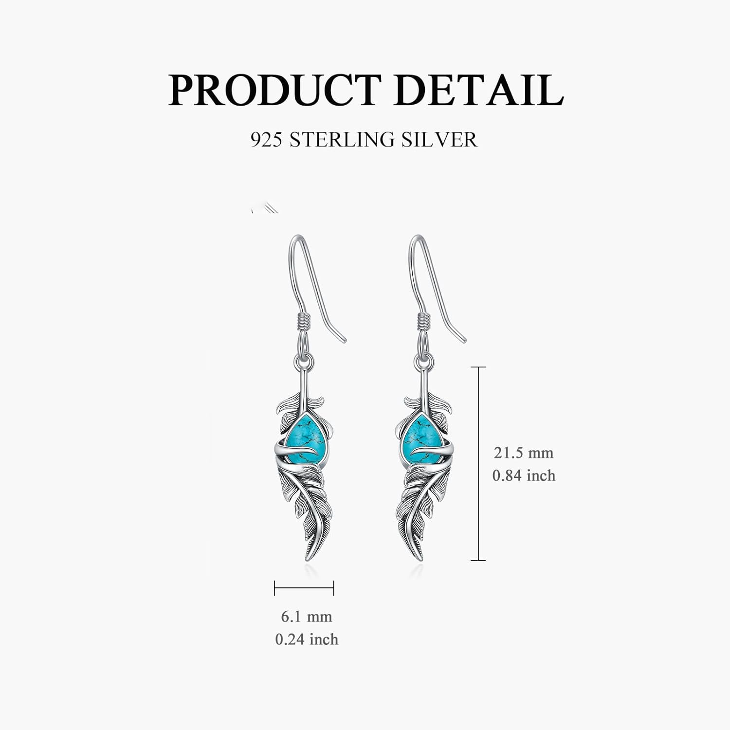 Feather Earrings with Turquoise 925 Sterling Silver Bohemian Style Feather Dangle Drop Earrings for Women Mom Wife - Image 5