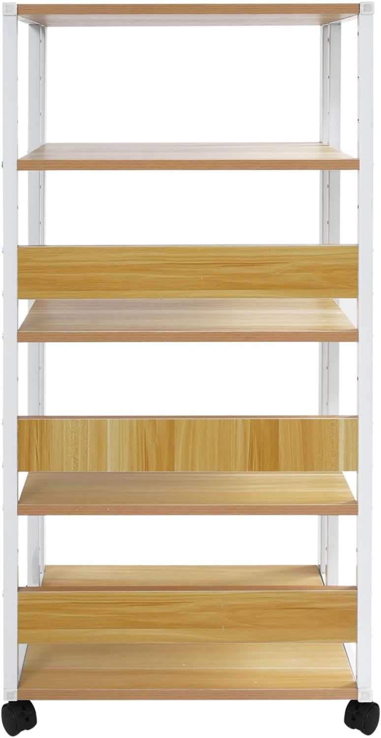 5-Tier AV Media Stand Audio Tower with 4 Lockable Universal Wheels Movable Audio Media Stand with Top Corner Shelf for Record Player, Stereo Components, DVD Players(19.7*15.7*42.9in, White, Wood)