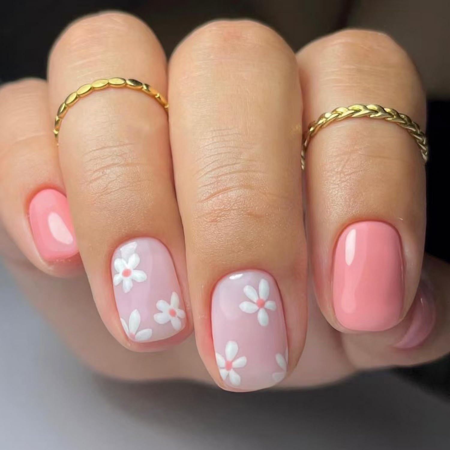 24 Pcs White Flower Press on Nails Short Square Fake Nails Spring Cherry Blossom False Nails Glossy Pink Full Cover Floral Acrylic Nails Stick on