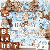Blue Bear Baby Shower Decorations for Boy, All-in-1 Bear Party Decorations with Balloon Arch Kit Wood Grain Baby Boxes Plates Napkins Cake Toppers Tablecloth Backdrop Blue and Brown Baby Shower Decor
