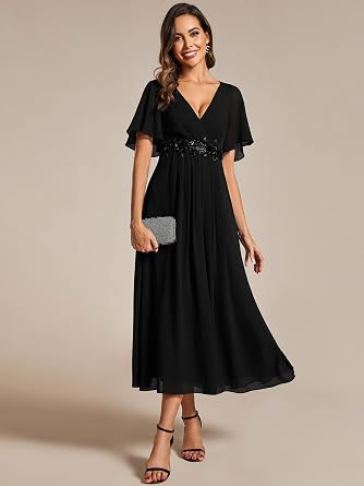 Ever-Pretty Women's Maxi Mother of the Bride Dresses Wedding Guest Dress | Chiffon, V Neck, Applique, A-Line, Short Sleeves, Semi Formal Dress, Cocktail Dress
