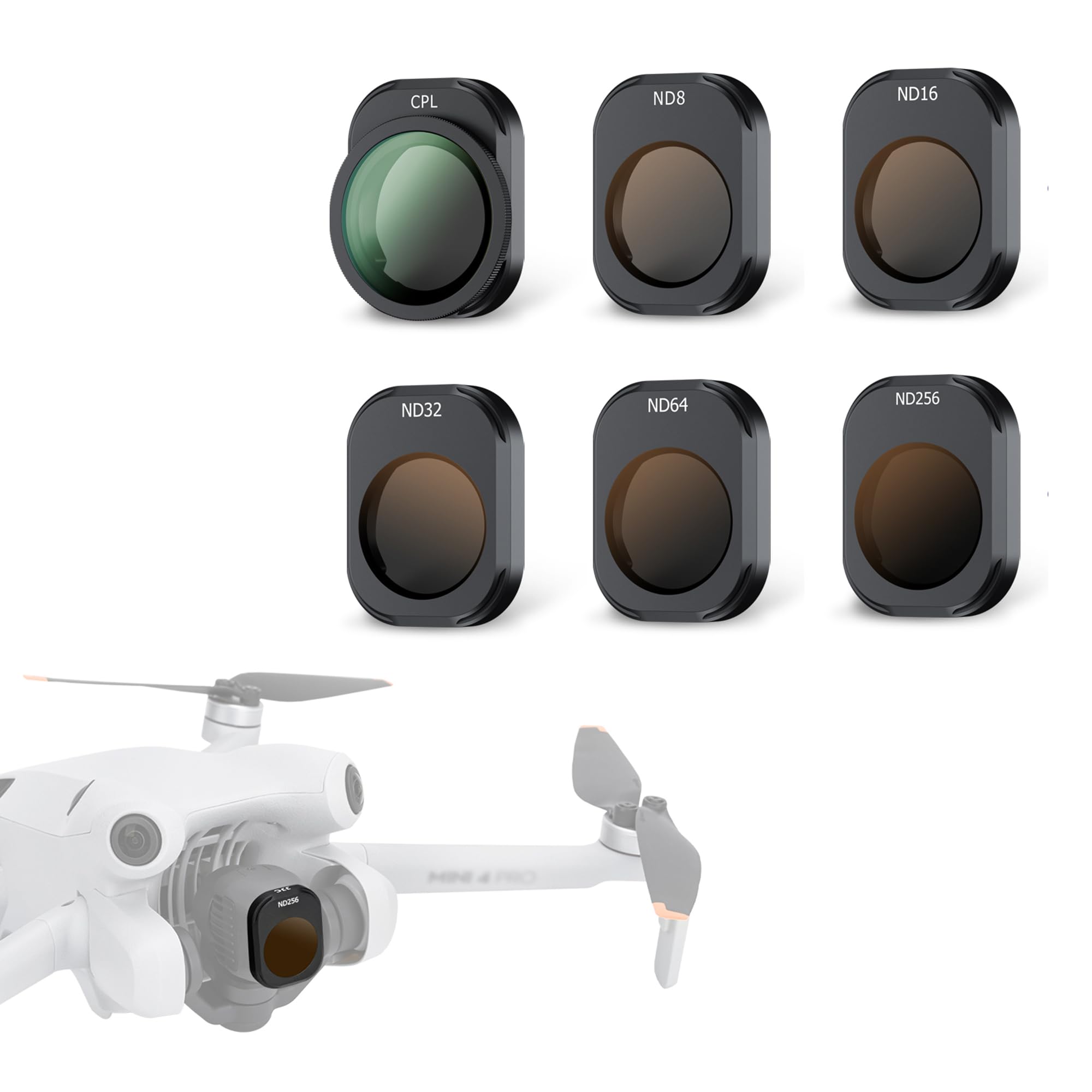 JJC Kit de filtros ND CPL compatible con DJI Mini 4 Pro, paquete de 6 filtros fijos de densidad neutra ND8 ND16 ND32 ND64 ND256, polarizador CPL, filtro ND portátil multicapa, accesorios para drones