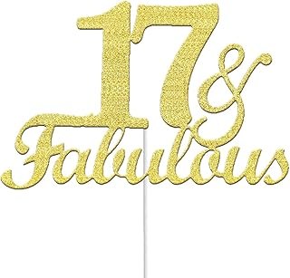 17 & Fabulous Cake Toppers Gold Glitter, Happy 17th Birthday Cake Topper Cheers to 17 Years Old Bday Decoration, Seventeen and Fabulous Cake Decorations for 17th Birthday Anniversary Party