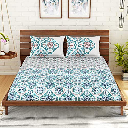 Image of Spaces Atrium 144 TC 100% Cotton Queen Size Double Bedsheet with 2 Pillow Covers ( 88 inch X 108 inch Inches) - Turkish Blue (ATR-7)