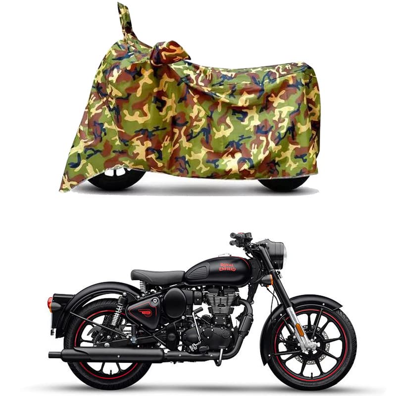 Image of Waterproof 100% PVC Coated Bike Scooty Two Wheeler Body Cover Compatible for Royal Enfie Classic 350 Dark /UV-Rays /Heat Protection /Birds Dropping /Scratchproof /Dust Proof [6X6 Jungle Print]