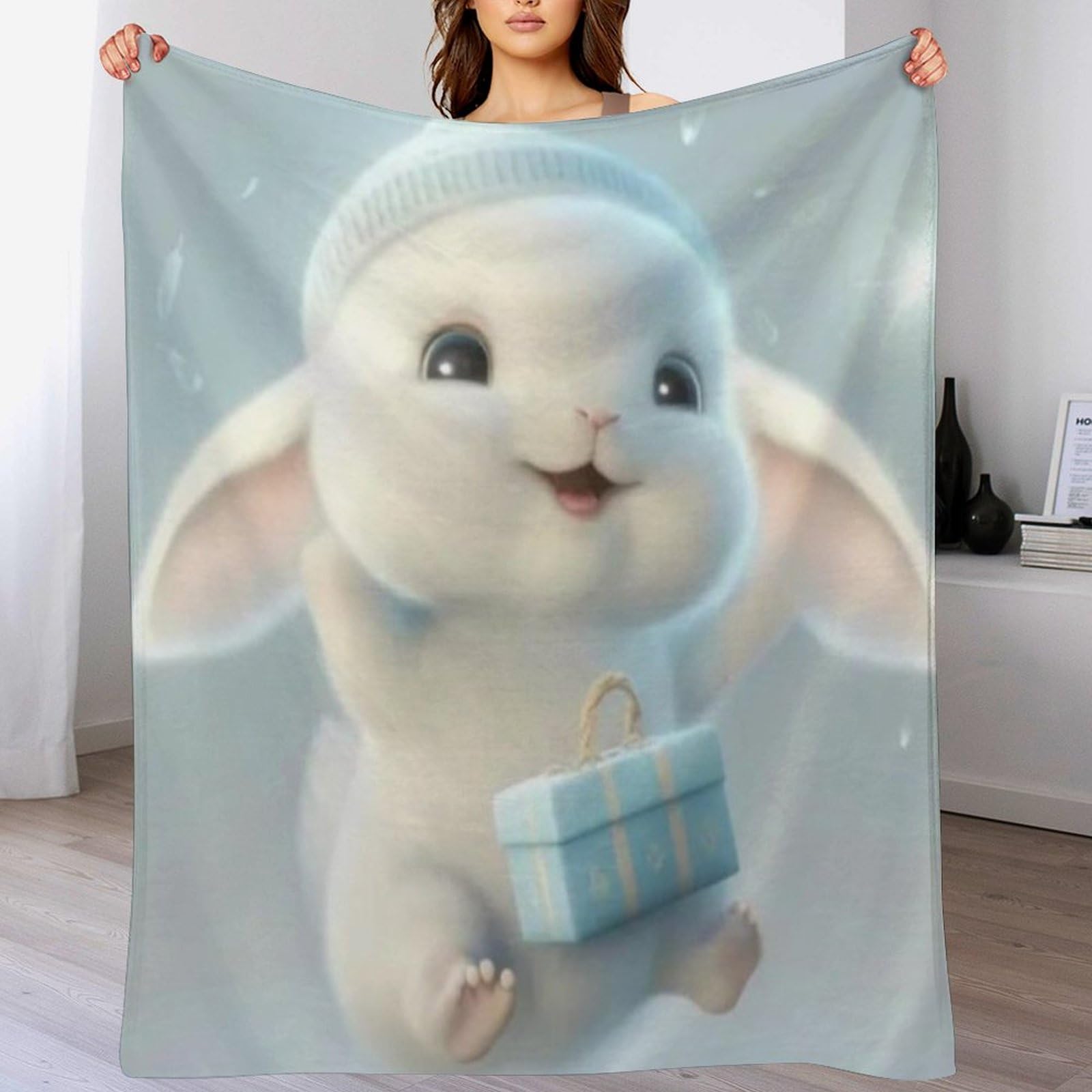 Couverture lapin mignon polaire 100x130cm en flannel douce et moelleuse pour lit et canapé
