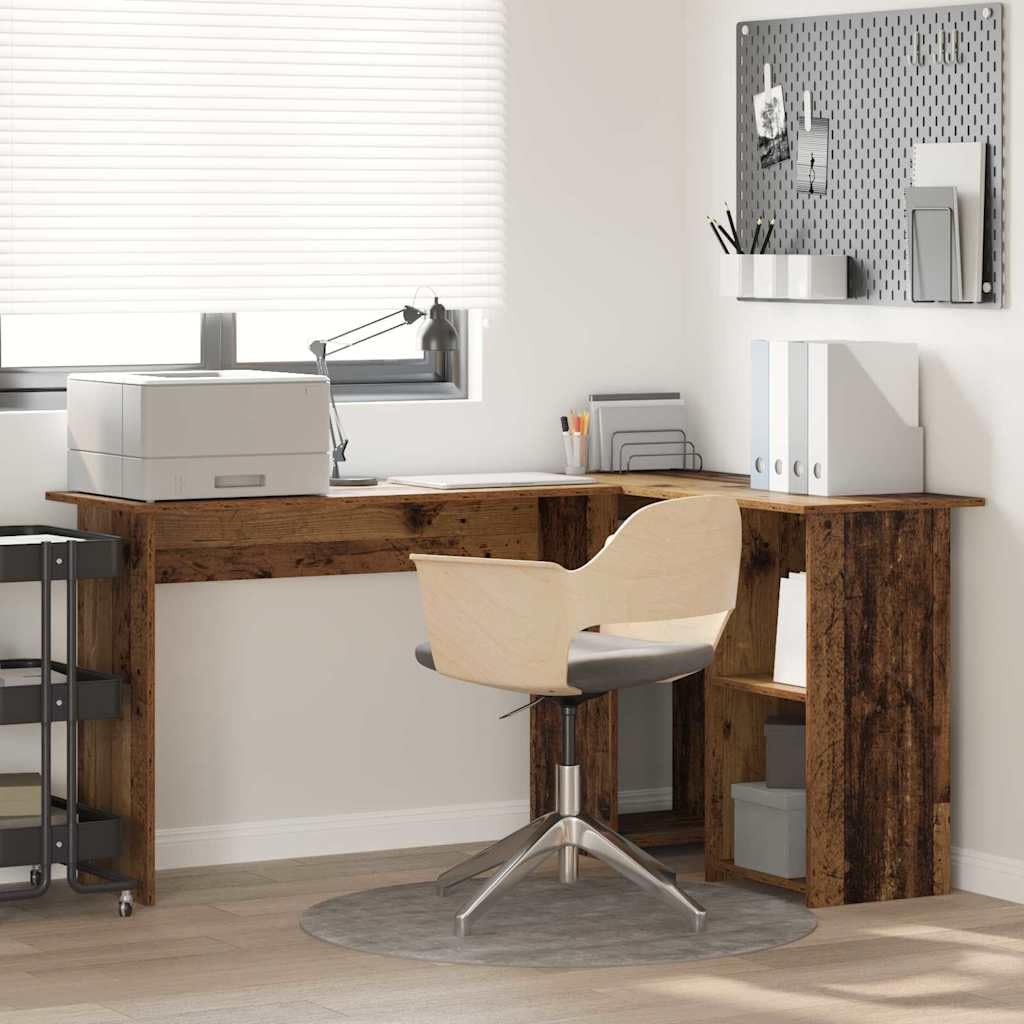 vidaXL Escritorio con Estante Madera Envejecida 142 x 102 x 73 cm, Escritorio Esquinero Moderno, Funcional para Oficina en Casa, Espacio de Trabajo Elegante y Material Resistente