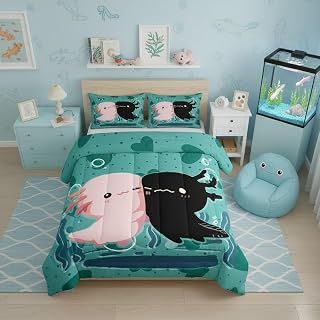 Castle Fairy Axolotl Kawaii Comforter Set Axolotl Lovers Bedding Set for Kids Girls Women Adults Cartoon Sea Animals Comforter Cute Salamander Quilted Duvet Set Bedroom Collection Twin Size 2Pcs