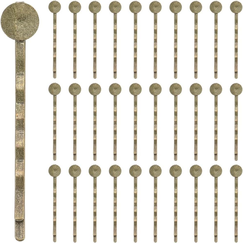 SUNNYCLUE 1 Box 80Pcs 50mm Hair Bobby Pin Hair Pin Findings Antique Bronze Alloy with 8mm Glue on Flat Pads Blank Tray Cabochon Bases Vintage Hairclip for DIY Headdress Crafts Accessories Women